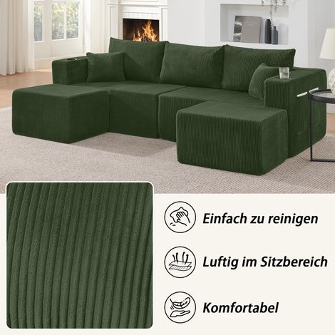 Canapé d'angle modulaire 3 places, sofa en L compact avec pouf amovible, tissu velours doux, porte-gobelet, poche latérale et coussin, idéal salon, hôtel et location, vert (1/5)