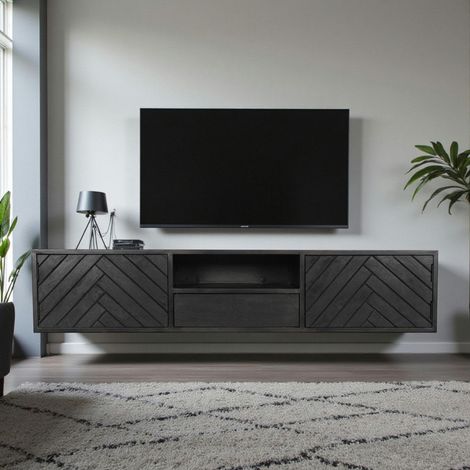 Meuble TV suspendu bois noir avec rangement 160 cm ALVERA