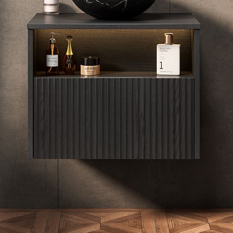 DESMIU Meuble Sous Vasque Mural avec 1 Tiroir, Façade en Bois Massif, pour Salle de Bain, en Contreplaqué, Noir (1/3)