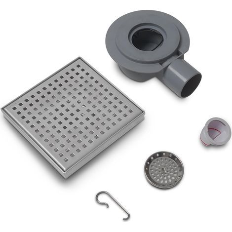 Quadratischer Bodenablauf 150 × 150 mm, Ablaufrost aus Edelstahl, Duschrinne mit verstellbarem, 360° drehbarem Siphon, mit Geruchsfilter und Haarfilter (1/5)