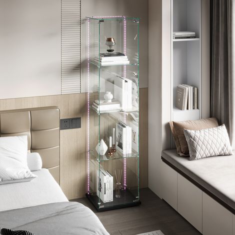 Vitrine en Verre Trempé 4 Étagères avec bande lumineuse LED, Vitrine Armoire de Collection à Serrure, Vitrine Sur Pied Transparente 360°, 39.8x35x163cm, Noir (1/5)