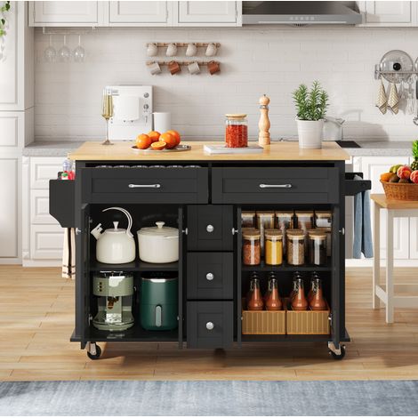 Carro de cocina con encimera abatible, 5 cajones, ruedas, Black/Natural HAVRYA (1/5)
