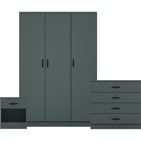Riano 3 Piece Bedroom Set (1 Drawer Bedside Chest, 4 Drawer Chest, 3 Door Wardrobe), Green (1/3)