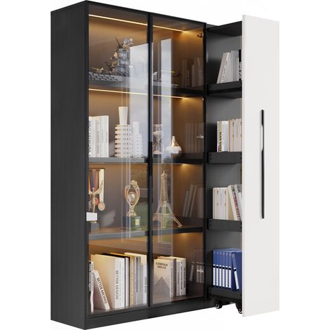 Vitrine Bücherregal mit Glastür und LED, Seitenauszug auf Rollen, Soft-Close, Modern, aus MDF, Schwarz Weiß, 110,5×35×160 cm (1/5)