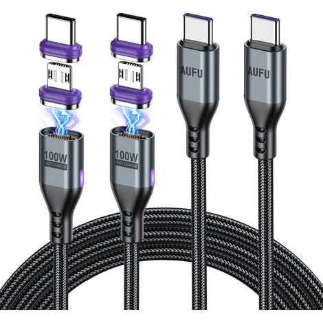 Câble de Charge Magnétique 100W Lot de 2 1m + 1,8m 16PIN Embout Plat Magnétique Type C/Micro USB Transfert de Données 480Mbps Câble USB C Rapide Compatible Téléphones/Tablettes/Ordinateurs (1/5)