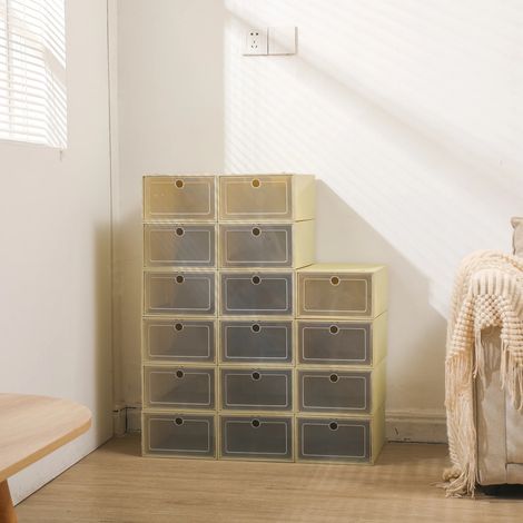 24 Schuhboxen mit flippender Schublade, gestapelbare Schuhboxen mit großer Kapazität, Mehrzweckaufnahmebox mit Deckel