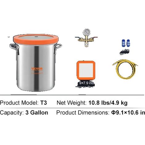 Chambre de dégazage sous vide, acier inoxydable 304, joint étanche, 3 Gallon (1/2)