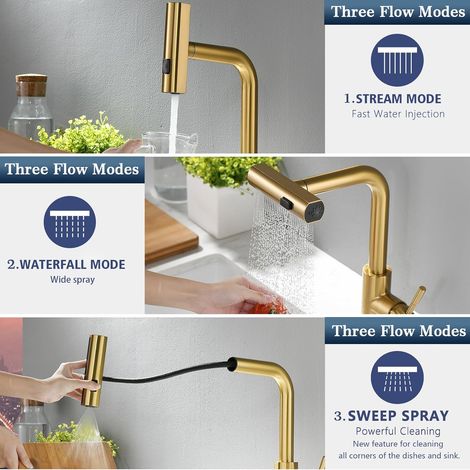 Mitigeur doré brossé à levier unique – Bec orientable, douche tirante – Idéal pour cuisine équipée moderne (1/5)