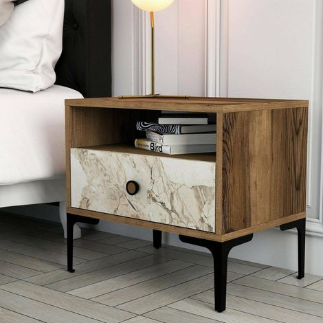 Chevet Seraph, Commode basse, Table de nuit, Étagère de chevet, 56x40h51 cm, Noyer et Marbre Blanc (1/5)