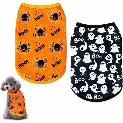 2 Pièces Déguisements Halloween pour Chien et Chat, Gilet Citrouille Respirant, Costume de Chien avec Chauve-Souris, Araignée, Squelette et Fantôme, T-Shirt de Fête pour Petit Animal (1/5)