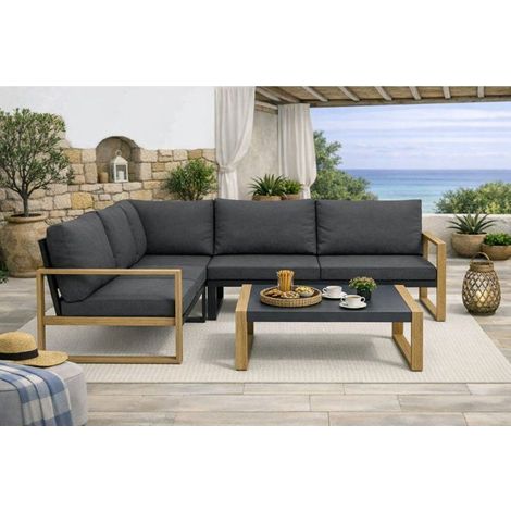 Salon de jardin d'angle - Aluminium effet bois - PUERTOCOR - 5 personnes + table basse (1/5)