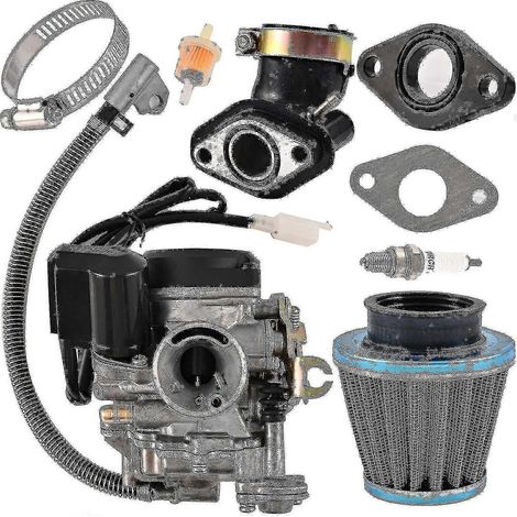 Carburateur GY6 50cc/49cc pour moteur Taotao 139QMB 4 temps (scooter, quad, cyclomoteur, kart). Comprend : carburateur 18 mm, collecteur d'admission, filtre à air, filtre à essence et allumeur. (1/5)