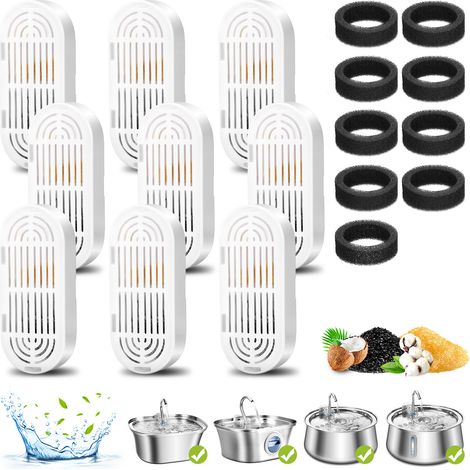 9 Filter + 9 Schaumfilter Ersatzset für 3,2L Edelstahl Katzenbrunnen, Aktivkohle Filtration