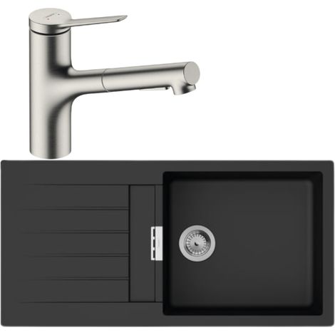 Fregadero de 1 seno 980 HANSGROHE S52 negro síntesis + grifo de cocina con HANSGROHE Zesis M33 150 chorro de 2 chorros aspecto acero inoxidable