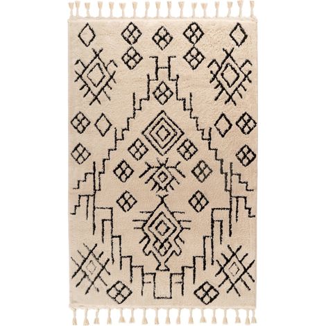 Tapis ethno blanc ultra doux à poils hauts - Blanc crème à motifs noirs (1/4)