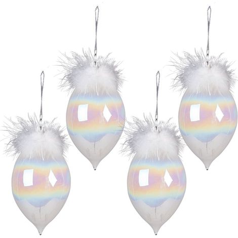 Lot de 4 boules de Noël en verre blanc avec plumes 8 cm pour décoration de sapin - PANGIVO (1/3)