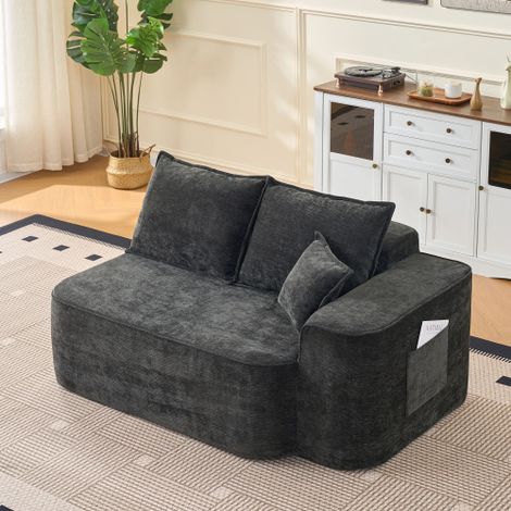 Bequemes 2-Personen Sofa ohne Montage, weiches Sofa mit Kissen & Seitentaschen, mit Seitentaschen, Schwarz