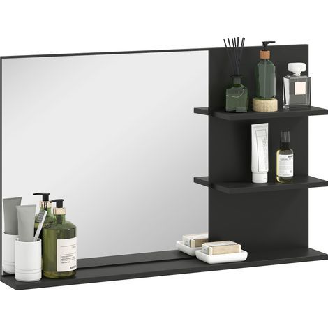 Modern Bathroom Mirror with 2 Side Shelves and Lower Shelf, Wall-Mounted Mirror in MDF and Glass, 75x10x48 cm, Black (1/4)