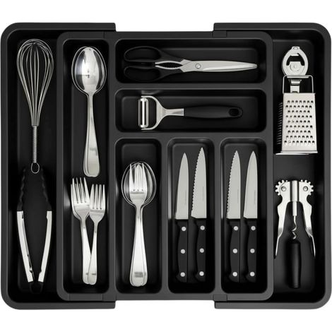 Range Couverts pour Tiroir, Plateau d'Ustensiles Extensible, Rangement Cuisine, avec 6 à 8 Compartiments, Sans BPA, Ustensiles de Cuisine, Ajustable (Noir) (1/5)