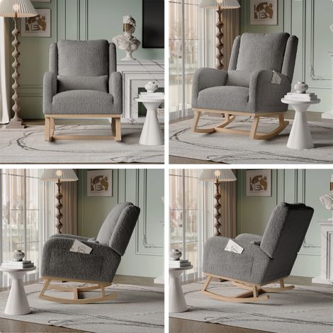Fauteuil à bascule, design confortable, utilisation polyvalente, 68x93x96 cm, Velours teddy gris (1/2)