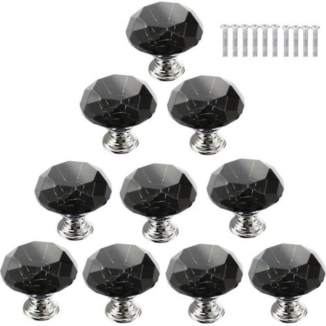 Knob Porte - Verre Cristal Diamant 30 mm - Pour Armoire Tiroir Meuble Cuisine - Noir - Lot de 10 (1/5)