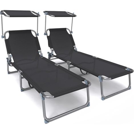 Lot de 2 Chaise Longue Bain de Soleil avec Pare Soleil Transat Pliable en Textilène avec Parasol Bain De Soleil inclinable en Textilène avec Charge Max 110KG Chaise Longue réglable Noir (1/5)