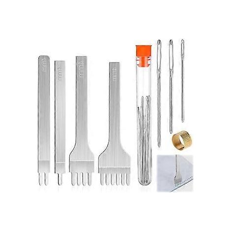 Ensemble de 14 outils pour le travail du cuir comprenant un emporte-pièce à 6 dents (4 mm) et une aiguille à coudre à grand chas, idéal pour les débutants. (1/5)
