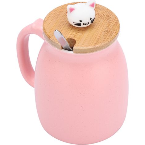 tasse en céramique avec motif chat mignon, cuillère et couvercle, idéale pour le café, l'eau ou le lait (rose), cadeau parfait (1/5)