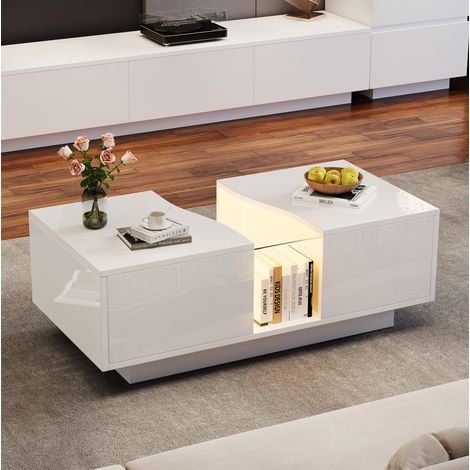Mesa de centro 100x50x35 cm blanca MDF y acrílico con LED, 2 cajones y acabado alto brillo (1/5)
