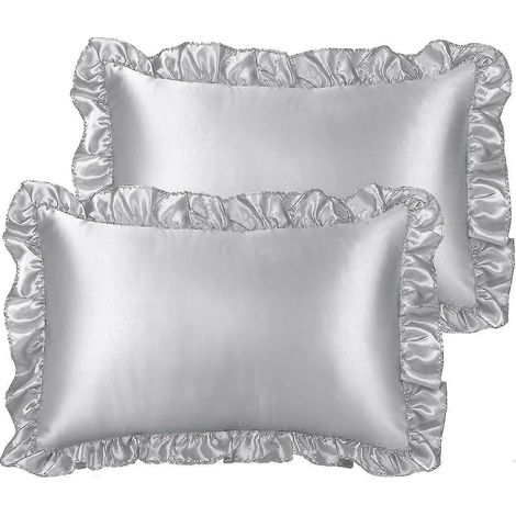 Set aus 2 luxuriösen, gerüschten Kissenbezügen, Retro-Stil, seidig-satinierte Kissenbezüge mit Rüschen, 85 g/m² Satin-Kissenbezüge mit Hotelverschluss, Standardgröße 45 x 45 cm, silberfarben