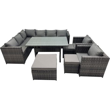 Fimous Outdoor PE Rattan Sofa Set with Dining Table Patio Garden Furniture Sets with 3 Stool Dark Grey Mixed (1/5)