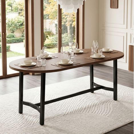 Mesa de comedor 180 x 80 x 75 cm para 6-8 personas, esquinas redondeadas, nogal OKMYHOME (1/5)