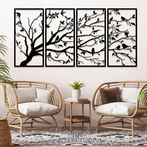Art mural en métal arbre de vie 4 panneaux signe d'arbre art mural décoration murale décoration d'intérieur cadeau de pendaison de crémaillère, 4 pièces (23.6in11.8in) (1/5)