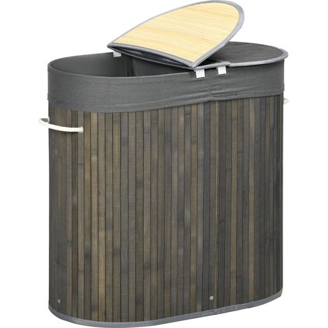 Bamboo Laundry Basket Lid, 100 Litres Laundry Hamper 2 Sections, Removable Washable Lining, Washing Baskets, 62.5 x 37 x 60.5cm, Grey (1/5)