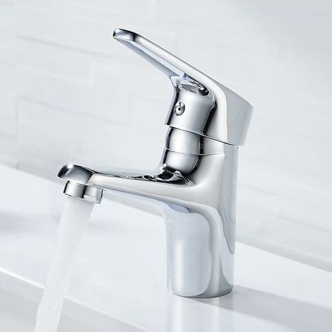 Robinet Salle Bain Bec Bas,Robinet ​Mitigeur Lavabo Monotrou,Robinet de Salle de Bains Mitigeur de Lavabo de Salle de Bain Froid et Chaud,Chrome, Argent