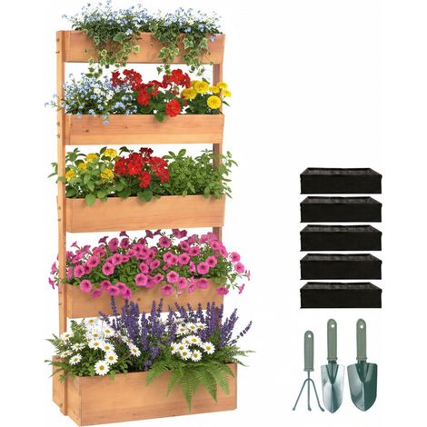 Jardinière Verticale Bois, 180x80x48 cm, 5 bacs, Balcon/terrasse, Doublure Non tissée (1/5)