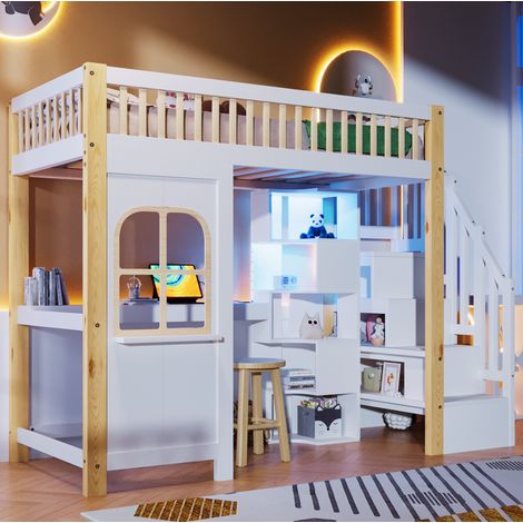 Lit mezzanine en pin massif et MDF blanc et naturel 90x200 cm avec bureau, rangements, LED et sommier inclus (1/5)