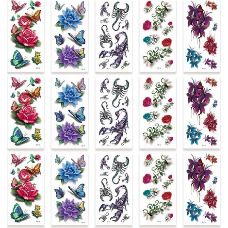 Tatouage Temporaire - 15 Feuilles de Stickers 3D pour Corps - Décoratif Bras Épaules Dos Cou Taille Pieds - Pour Fêtes Soirées Festivals Mariages (1/5)