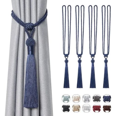 Lot de 4 embrasses à longs pompons en corde tressée faites main, style européen, pour rideaux de maison et bureau ( - Kl-bleu 4 Pack (1/5)