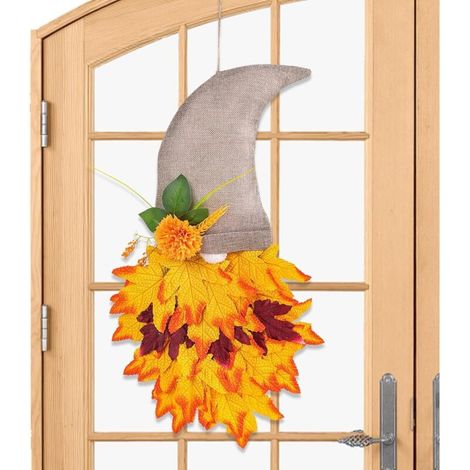 Ghirlanda autunnale artificiale realizzata con foglie d'acero e gnomi decorativi – per porta, uso interno o esterno, diametro 40 cm