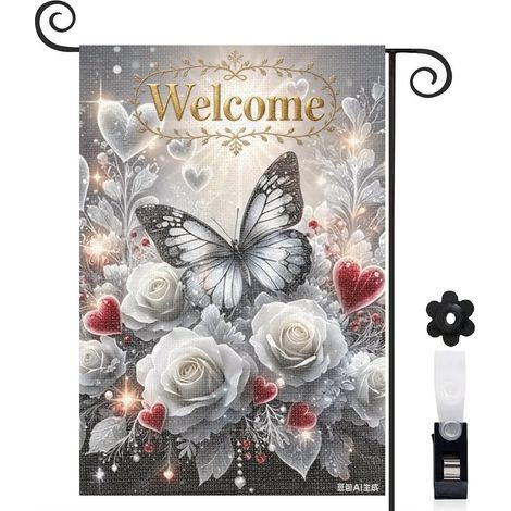 Drapeau de jardin 30 x 45 cm motif papillon et fleurs blanches élégantes toile double face pour extérieur (1/5)