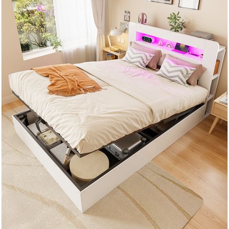Lit adulte coffre rangement 140x200 bois blanc LED HAVRYA (1/5)