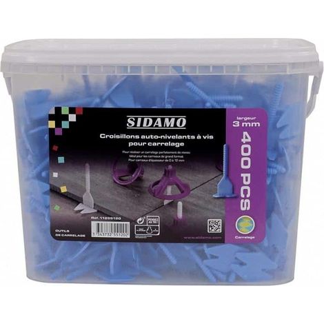 Sidamo – Seau de 400 croisillons auto-nivelants à vis 3.0 mm – Pour joints de carrelage de 1 à 3 mm – Pour carreaux jusqu'à 20 mm d'épaisseur