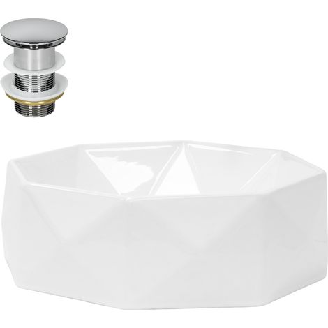 ML-Design Waschbecken Keramik Weiß glänzend Ø42x13,5 cm inkl. Ablaufgarnitur, Diamant Design, Aufsatzwaschbecken ohne Überlauf, Moderne Waschtisch Waschschale Waschplatz Handwaschbecken für Badezimmer