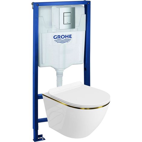 GROHE Bâti-support Solido + Lavita WC Sofi Slim Gold Line suspendu blanc/or sans bord + panneau de commande Delta 25 chrome Kit complet