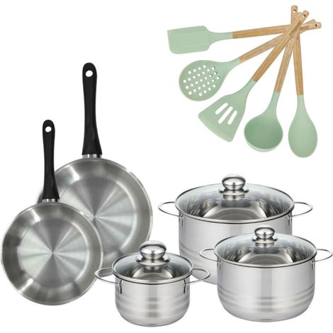 Lot de 2 Poêles 20/24cm et 3 Faitouts 16/20/24cm Fackelmann Généva avec 5 ustensiles Océan (1/5)