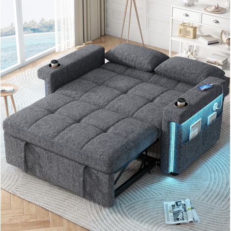 Canapé convertible 2 places avec fonction lit, LED, ports USB/Type-C, dossier réglable, gris HAVRYA (1/5)