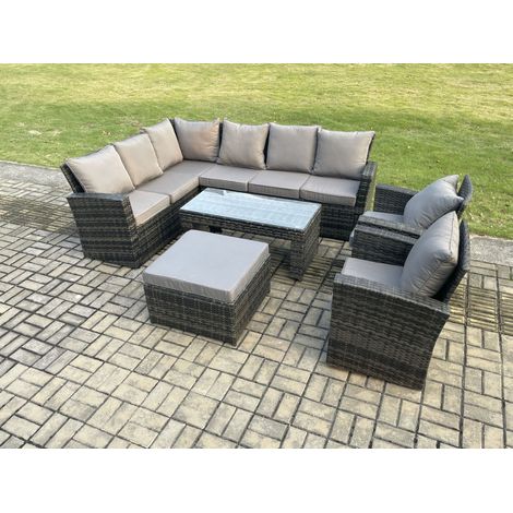 Fimous Gartenlounge Set Rattan Ecksofa Set mit 2 Sesseln Großer Fußhocker Dunkelgrau gemischt (1/5)