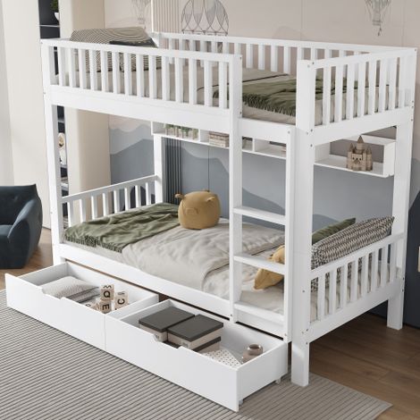 Lit superposé 90x200 cm, lit enfant avec escalier, barrière de sécurité, étagères et tiroirs, en bois, blanc, sans matelas (1/5)