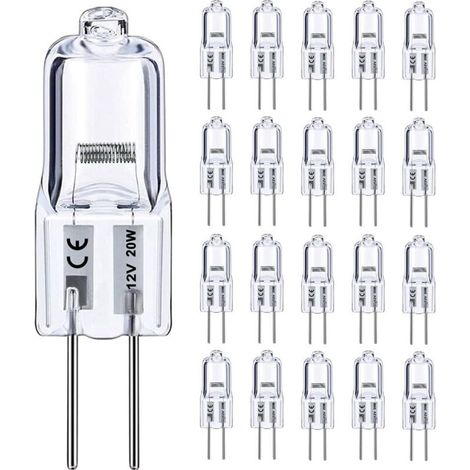 G4 12V 20W Halogen Bulb, 20 Pack, Dimmable, Warm White 2800K, Long Life, for Under Cabinet Lighting or Chandeliers.